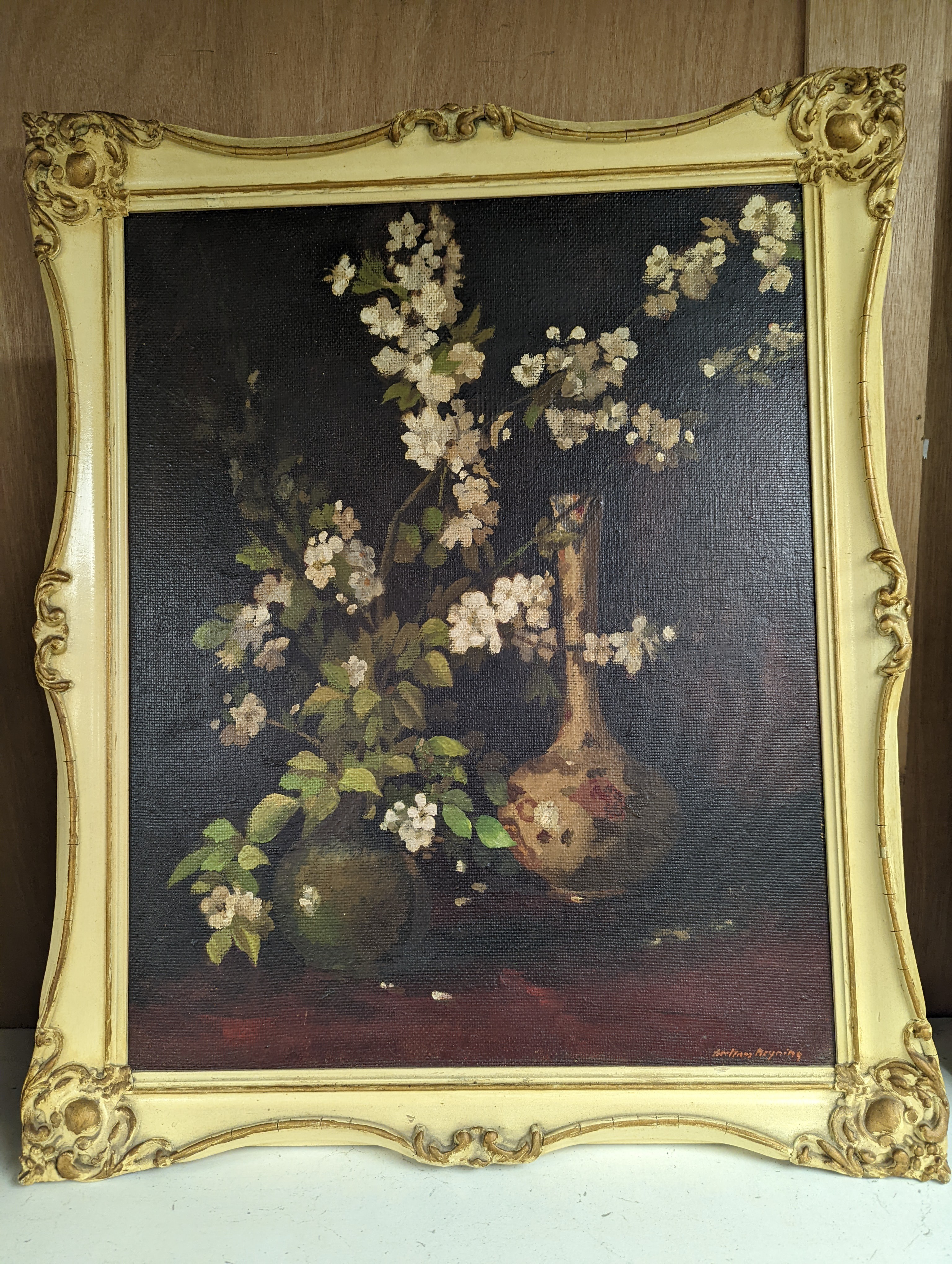 Modern British, oil on board, Still life of flowers in vases, indistinctly signed, 50 x 40cm